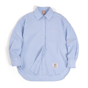 马登蓝白竖条纹衬衫宽松廓形中长款遮屁股衬衣落肩高智感穿搭女春