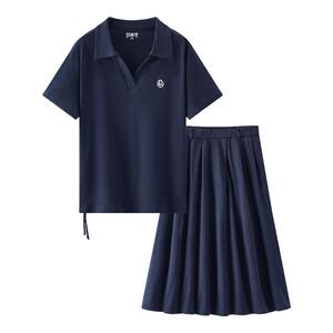 森马两件套纯棉polo衫伞裙套装女