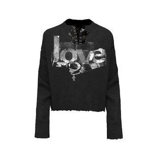 暗黑风亨利领毛衣女春季绑带设计感修身黑色长袖针织衫视觉系上衣