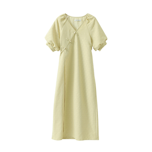 【到手279元】v领盘扣国风泡泡短袖连衣裙新中式改良旗袍中长款女