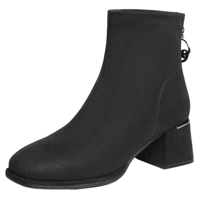 红蜻蜓弹力靴2025冬季新款女靴黑色粗跟短靴不累脚气质高跟瘦瘦靴