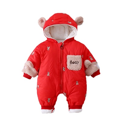 婴儿带帽连体衣冬季加绒加厚外套