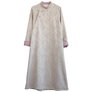 复古改良旗袍连衣裙子亚麻棉加绒冬季长款过膝刺绣宽松麻料中国风