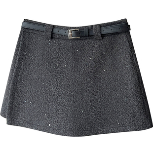 miu韩系开叉假两件毛呢料短裙裤女秋冬防走光亮片闪闪a字半身裙子