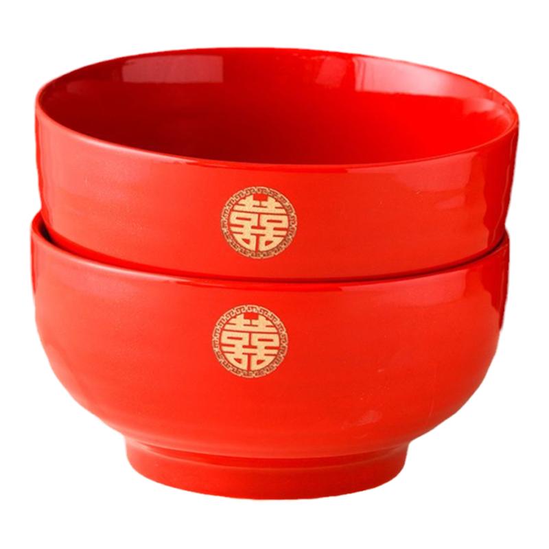 中式婚庆大号碗陶瓷红色碗喜碗喜筷哑光大面碗家用结婚品陪嫁礼盒