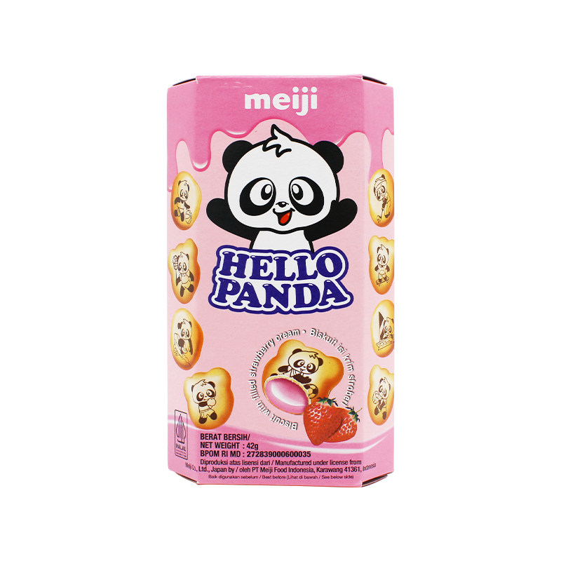 印度尼西亚进口meiji熊猫印花草莓巧克力味夹心饼干42g盒装零食