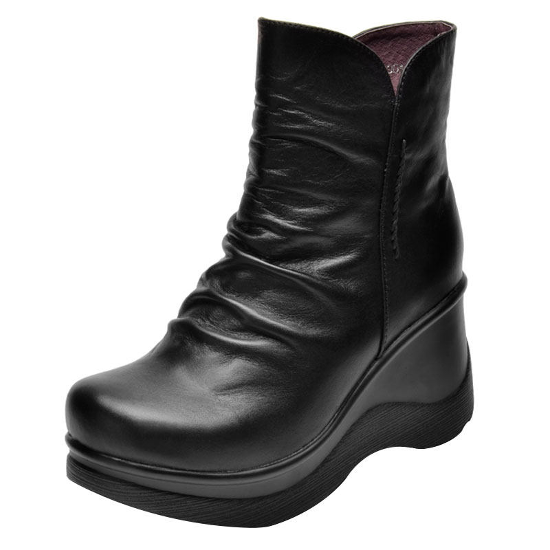 一席之地女靴中靴女秋冬2024新款百搭休闲真皮厚底圆头坡跟中筒靴