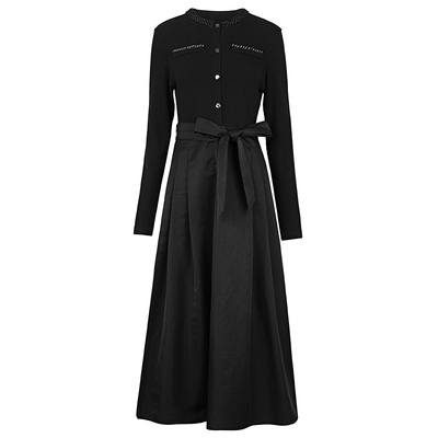 sdeer圆领收腰拼接长袖连衣裙