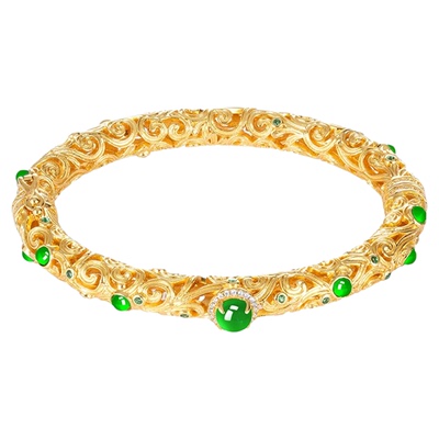 VISING珠宝天然绿玉髓古法黄金色贵妃手镯卷草纹宫廷镯S925银镀金