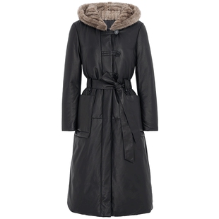 马天奴女装秋冬新款黑色绵羊皮羽绒服水貂毛连帽系带收腰中长款