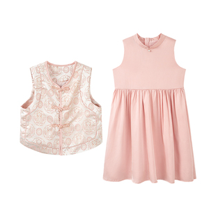 柒号童仓女大童新中式旗袍裙套装夏装新款精致盘扣暗纹汉服马甲潮