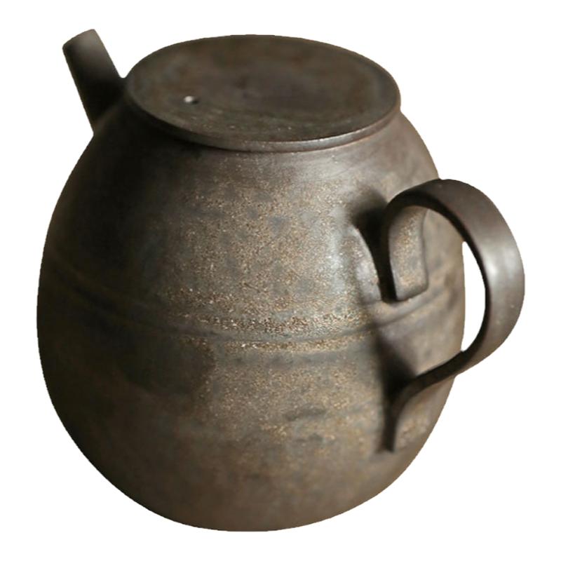 中式粗陶仿古手工铁锈釉鎏金茶壶