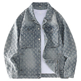 Hipanda你好熊猫潮牌复古提花满印牛仔夹克2026春款复古外套男