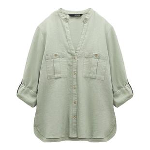 Z 新品 亚麻混纺可挽袖V领衬衫女春夏百搭上衣潮 4387056