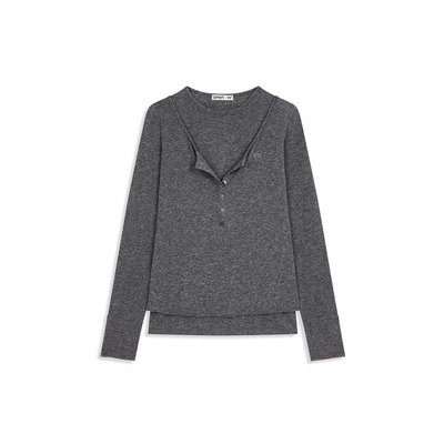 OPENYY假两件圆领纽扣长袖T恤女