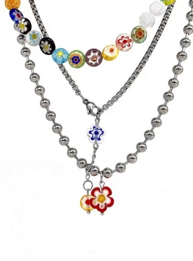 百搭彩色琉璃小花三层叠戴项链女