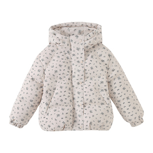 小清新韩系碎花面包服女童羽绒服90白鸭绒连帽加厚外套洋气棉服冬