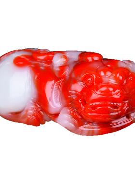 新疆和田红白玉貔貅小摆件茶道茶台功夫茶具玉把玩件挂件腰件皮休