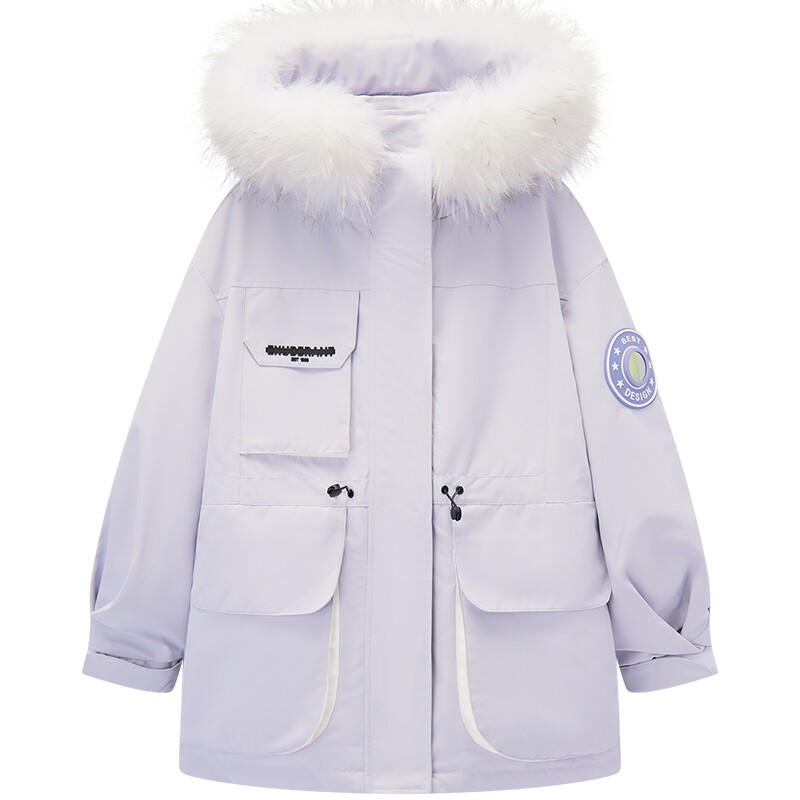 爱居兔紫色带毛领连帽工装羽绒服女2025年冬季新款户外防风派克服
