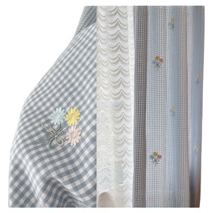 HEGALY 刺绣小花束小蓝格子可爱复古浪漫窗帘门帘隔断儿童房卧室