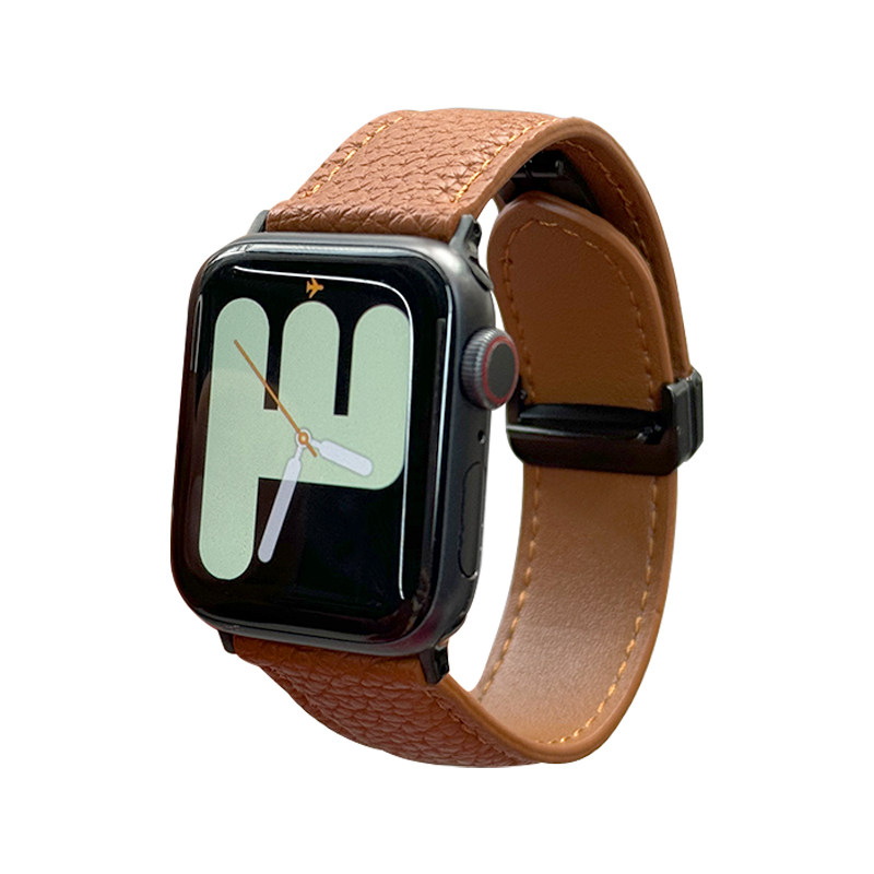 适用苹果iWatch s9手表applewatch8/7/6/5/4se荔枝纹皮质Ultra2磁吸扣表带秋冬高级感轻奢复古替换带云顶创想
