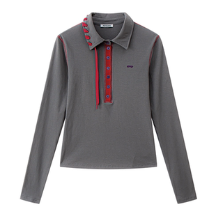 【买一送一】PSYCHOS撞色莱卡棉毛针织衫polo领上衣小众长袖T恤女