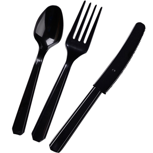 上海商吉黑色独立包装塑料勺子一次性刀叉勺西餐牛排外卖汤勺叉子
