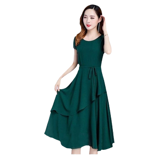 新款中年妈妈圆领收腰显瘦连衣裙女夏季修身气质40岁洋气裙子女装