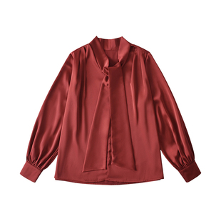 YoungGirlDay韩系金秘书高智感连领系带宽松显瘦缎面长袖衬衫上衣