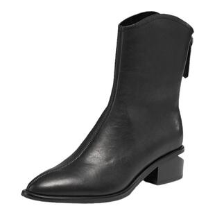 星期六2024新款短筒女靴气质尖头黑色时尚牛皮时装女鞋SSC41161TE