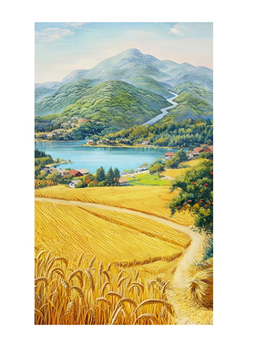 五谷丰登聚宝盆玄关装饰画竖版青山流水金色麦田稻田入户过道挂画