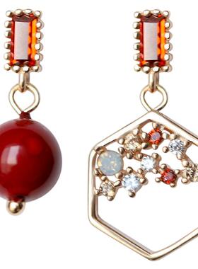 纯银中国红色设计感耳钉养耳洞