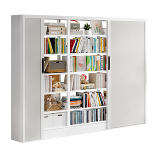 家用图书馆钢制书架带推拉门儿童绘本收纳置物架落地多层防尘书柜