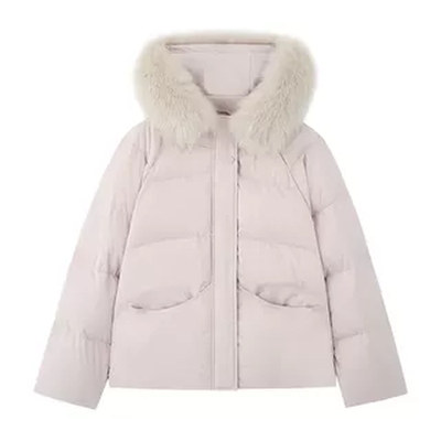 连帽粉色90白鸭绒短款羽绒服女
