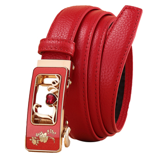 本命年红色皮带真皮女士百搭头层牛皮腰带自动扣时尚简约商务裤带