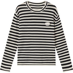 URLAZH有兰2025冬季新款萌趣U等等撞色黑白条纹圆领羊毛针织衫女