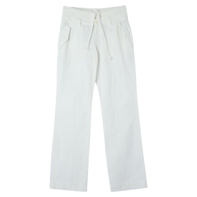 双腰拼接白色长绒棉抽绳休闲裤