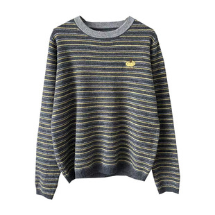 秋冬厚实软糯醋酸浣熊毛南瓜刺绣毛衣撞色圆领宽松条纹针织衫女