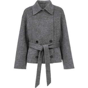 Vero Moda毛呢大衣女2025秋冬新款含绵羊毛腰带双排扣短款双面呢