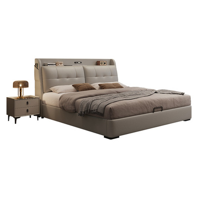 政府补贴蓝色理想平移气压真皮床主卧带灯多功能床头高端储物床