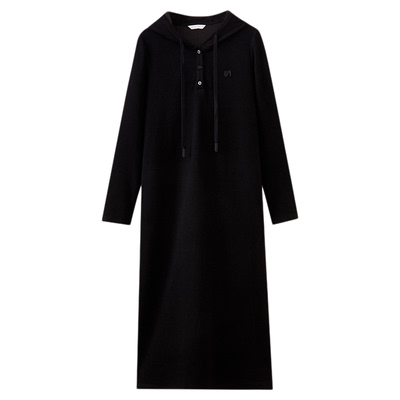 水云间黑色灯芯绒直筒连帽连衣裙女H型中长裙子冬日氛围2025新款