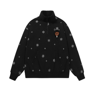 GUUKA黑色摇粒绒立领半拉链卫衣男冬 童趣立体小狗刺绣雪花套头衫