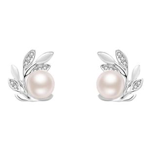 足银s999橄榄枝树叶子耳钉女天然淡水珍珠正品纯银耳环镶钻耳饰品