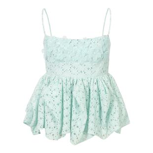 张小婉同款CEE CUBED浅薄荷绿钻链花朵收腰吊带上衣阔腿牛仔裤女