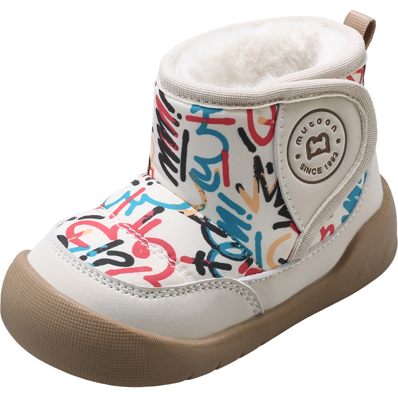 牧童童鞋涂鸦宝宝雪地靴男童2025冬季新款加厚加绒保暖女童大棉鞋