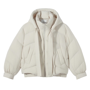 热风女士短款羽绒服2025年冬季新款飘带连帽羽绒服蓬松泡芙羽绒服