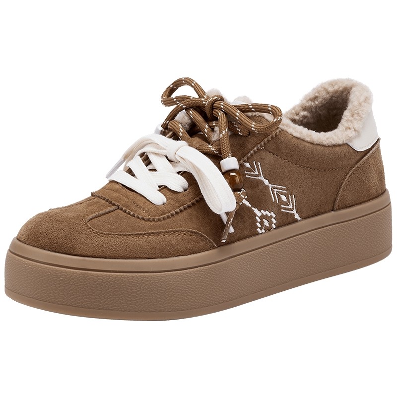 热风厚底德训鞋女鞋2025年冬季新款复古棕色休闲鞋美拉德加绒板鞋