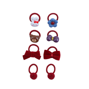 6个装 红色小号蝴蝶结毛球发圈儿童发绳女童新年头绳皮筋过年发饰