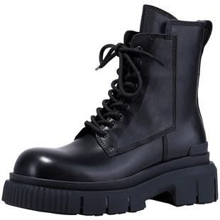 BellaLily新款侧拉链帅气马丁靴女牛皮中筒靴增高百搭机车靴