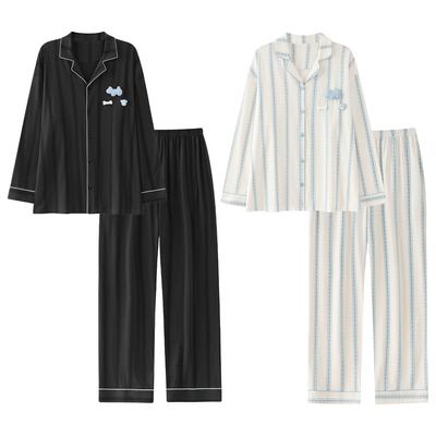 莫代尔条纹男女秋冬季家居服套装